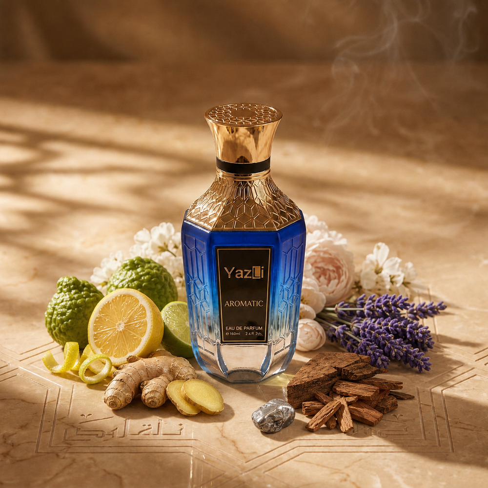 Aromatic perfume surrounded by its ingredients - YazLI Perfumes